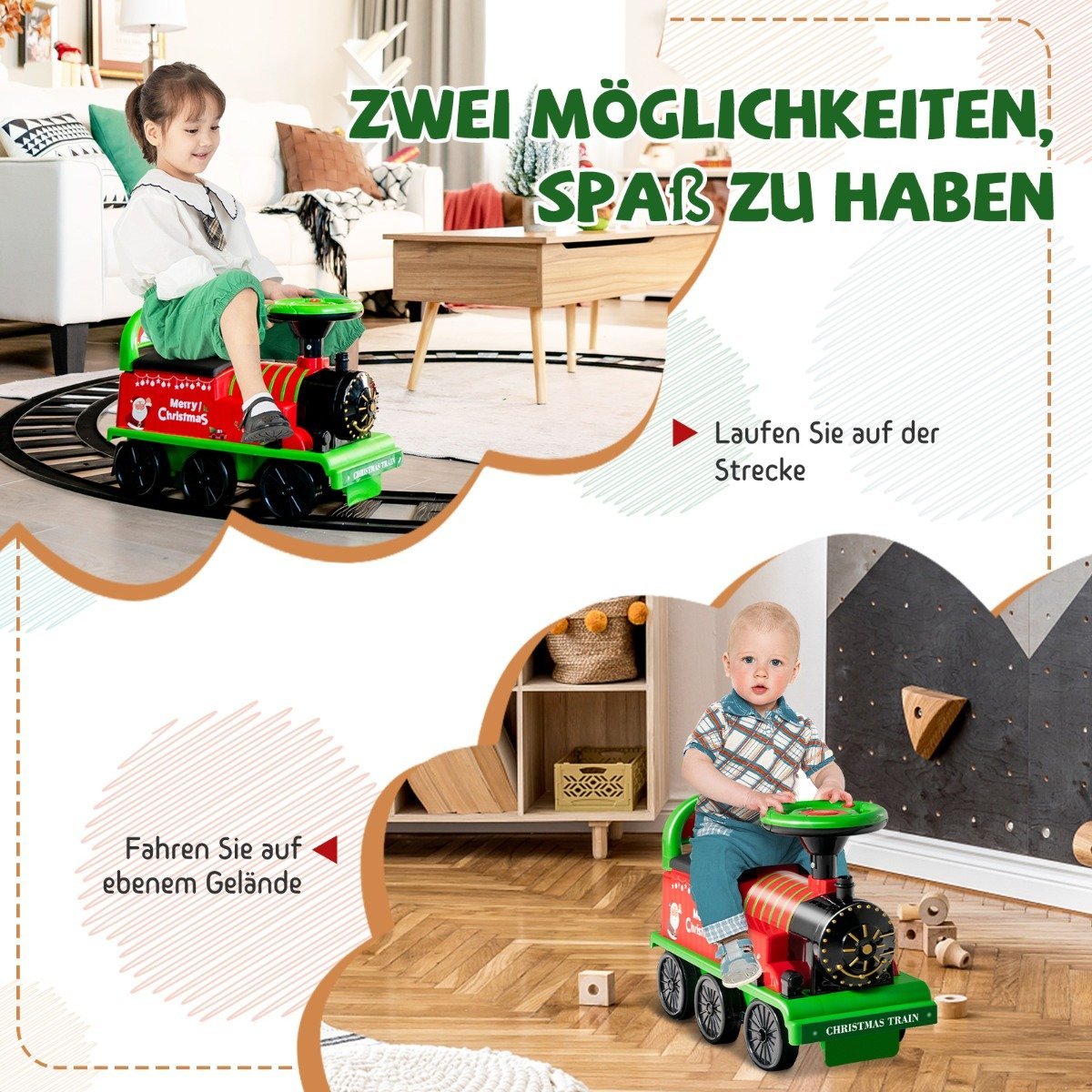 6V electric ride-on children's train with 16 rail pieces for children aged 3 and over. Green