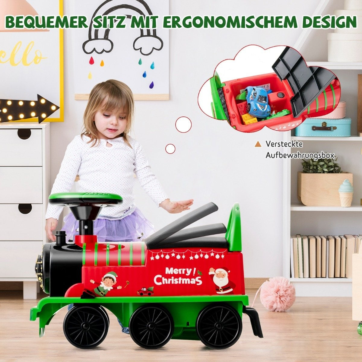 6V electric ride-on children's train with 16 rail pieces for children aged 3 and over. Green