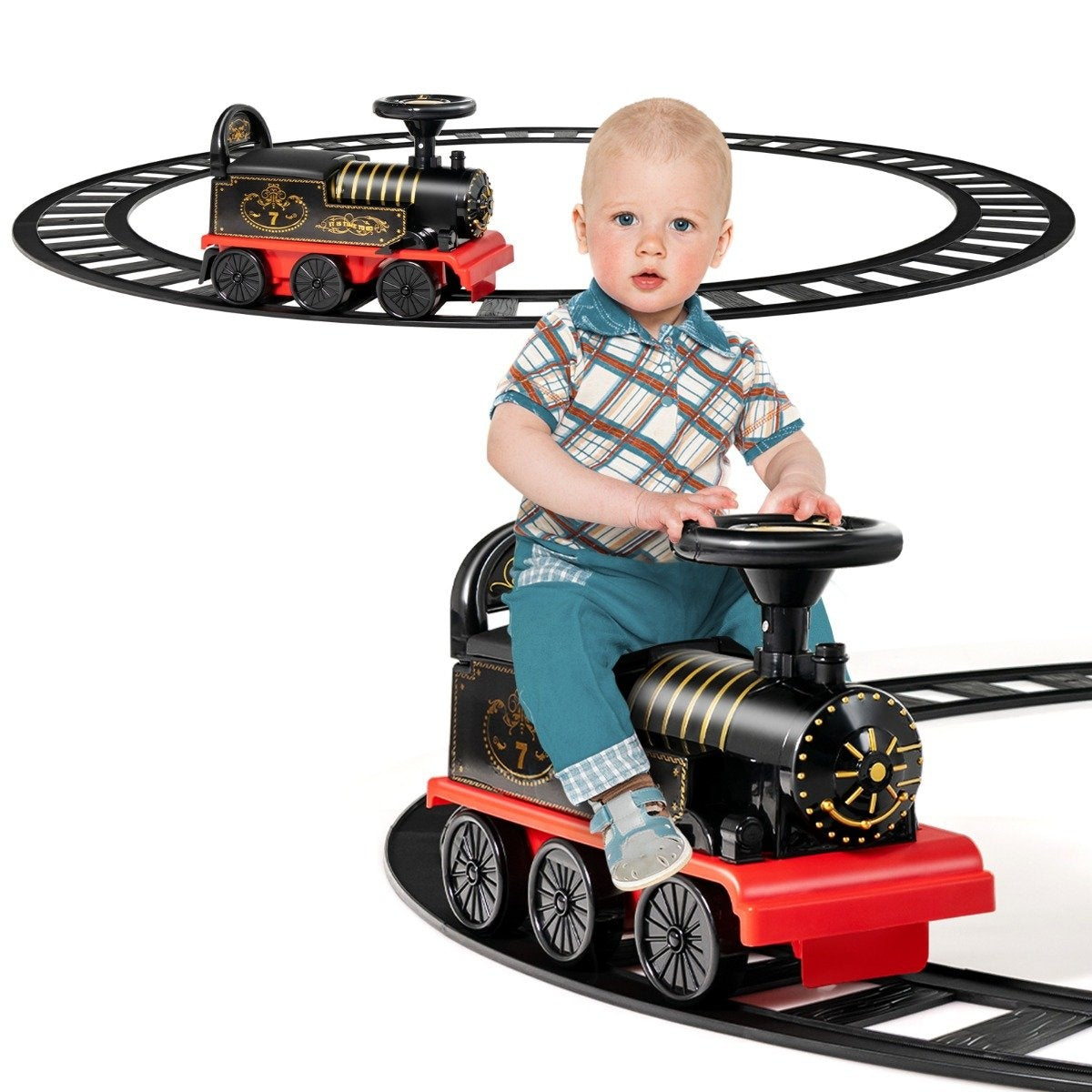 6V electric ride-on children's train with music lights, 16 rail pieces for children aged 3 and over. Black