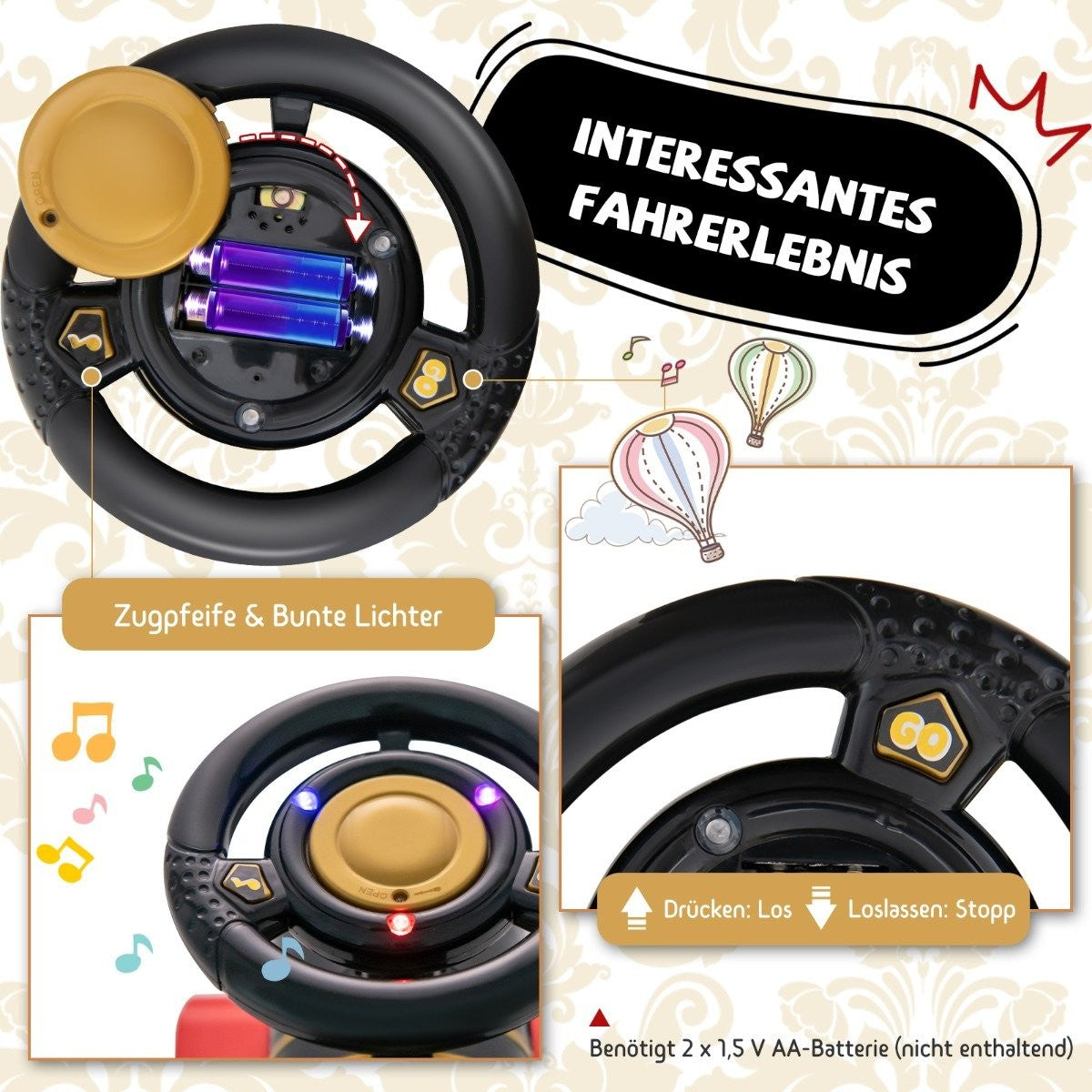 6V electric ride-on children's train with music lights, 16 rail pieces for children aged 3 and over. Black