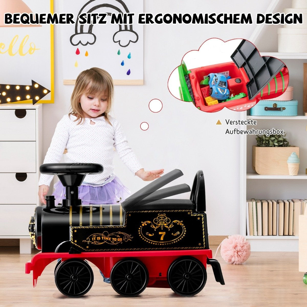 6V electric ride-on children's train with music lights, 16 rail pieces for children aged 3 and over. Black