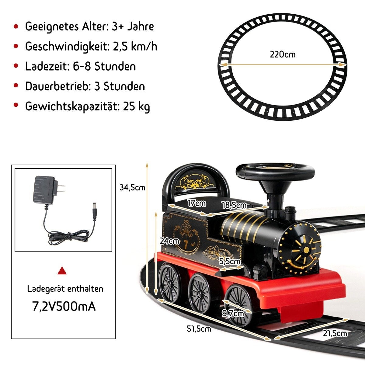 6V electric ride-on children's train with music lights, 16 rail pieces for children aged 3 and over. Black