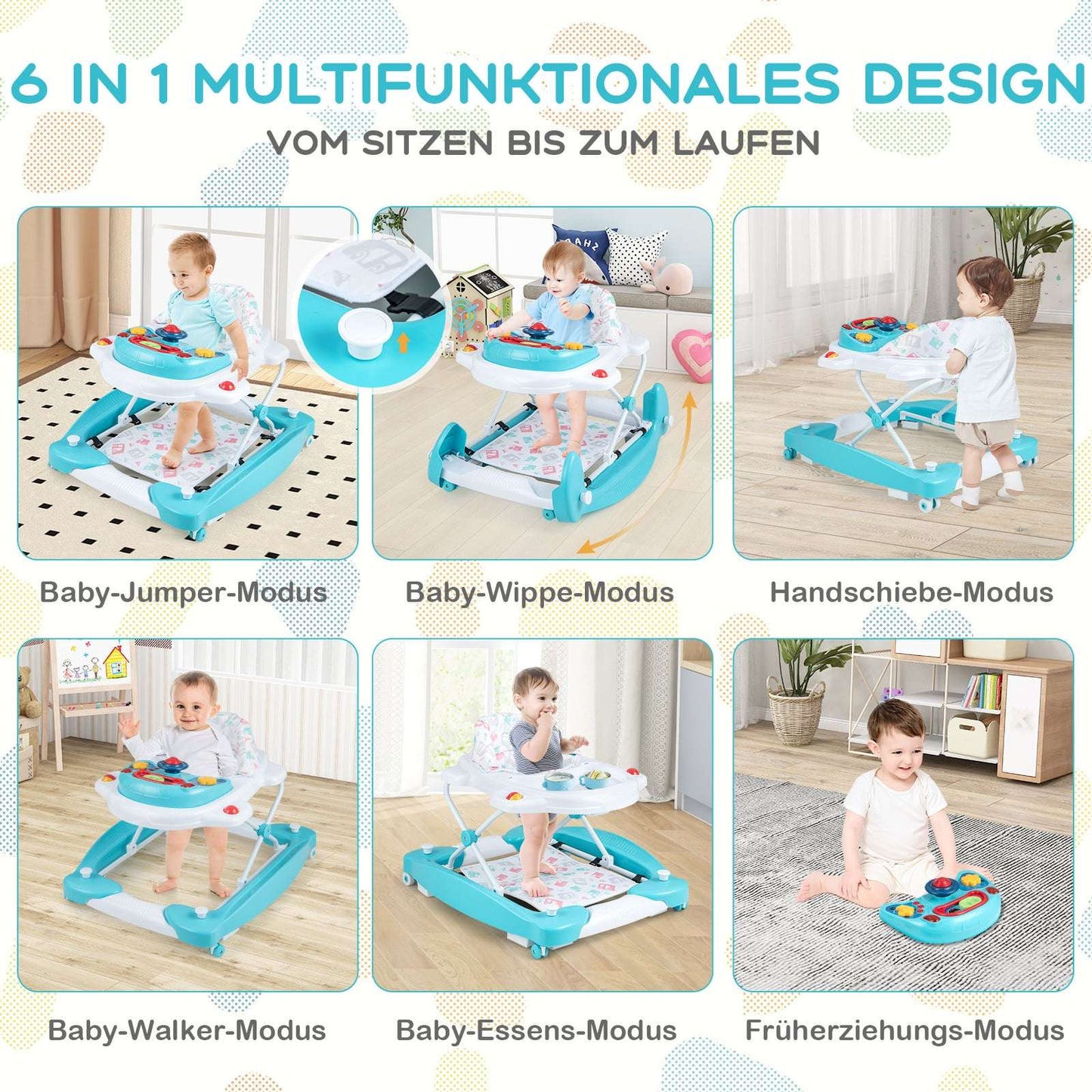 6-in-1 Adjustable Baby Walker with Music Board, Green
