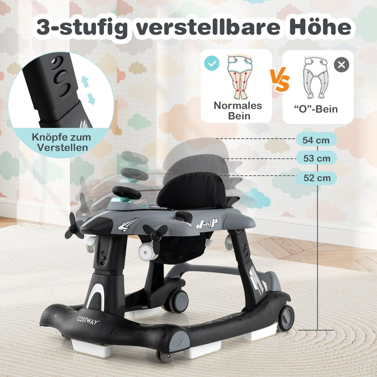 6-in-1 Adjustable Baby Walker with Tray, Gray