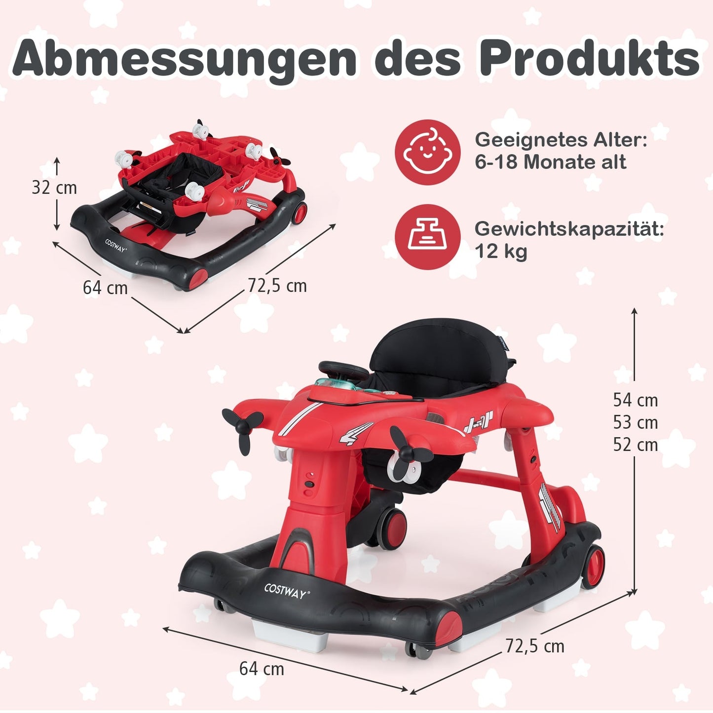 6-in-1 Baby Walker with Adjustable Height, Red