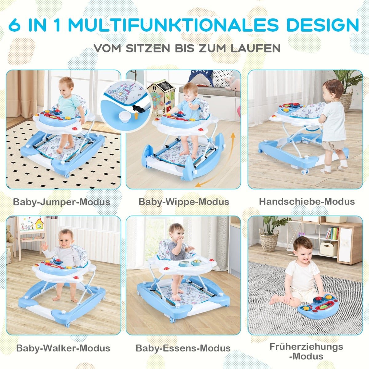 6-in-1 Baby Walker with Removable Playboard, Blue