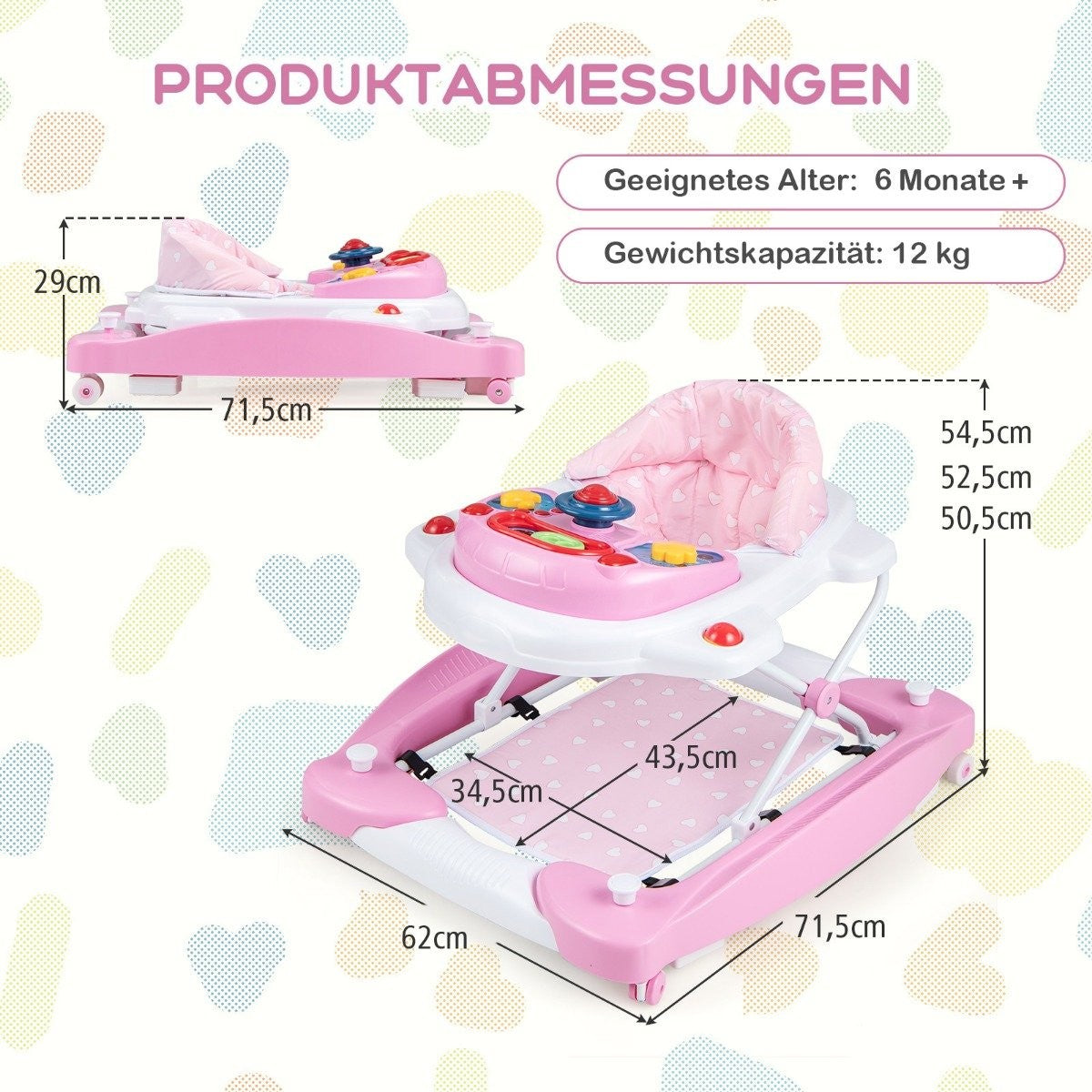 6-in-1 Baby Walker with Removable Playboard, Pink