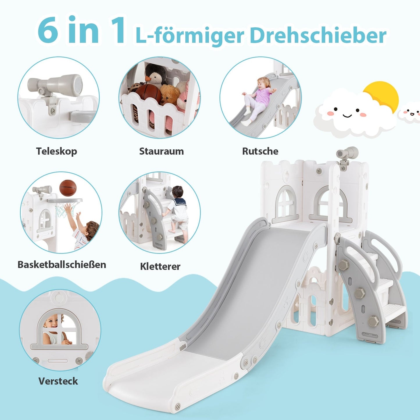 6-in-1 Toddler Slide Set with Basketball Hoop & Telescope