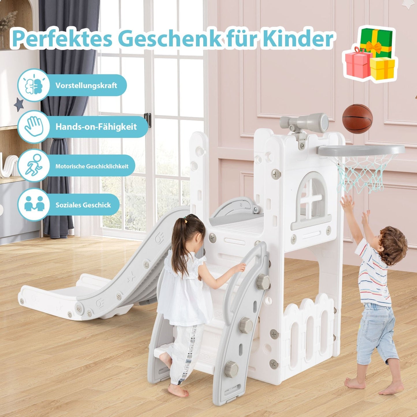 6-in-1 Toddler Slide Set with Basketball Hoop & Telescope