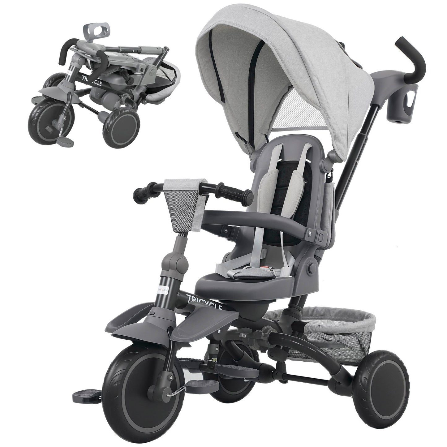 6-in-1 Toddler Tricycle, Adjustable Seat, Foldable, Gray