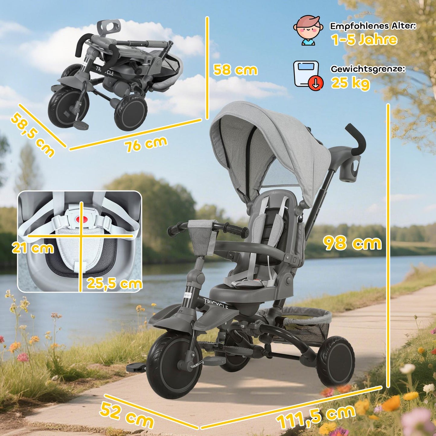 6-in-1 Toddler Tricycle, Adjustable Seat, Foldable, Gray
