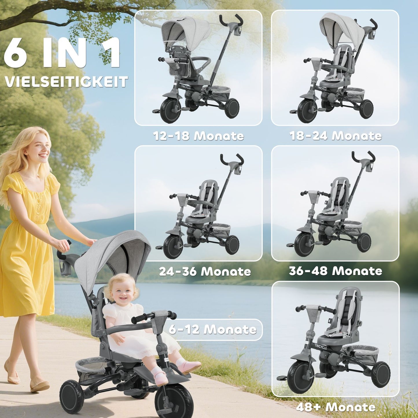 6-in-1 Toddler Tricycle, Adjustable Seat, Foldable, Gray