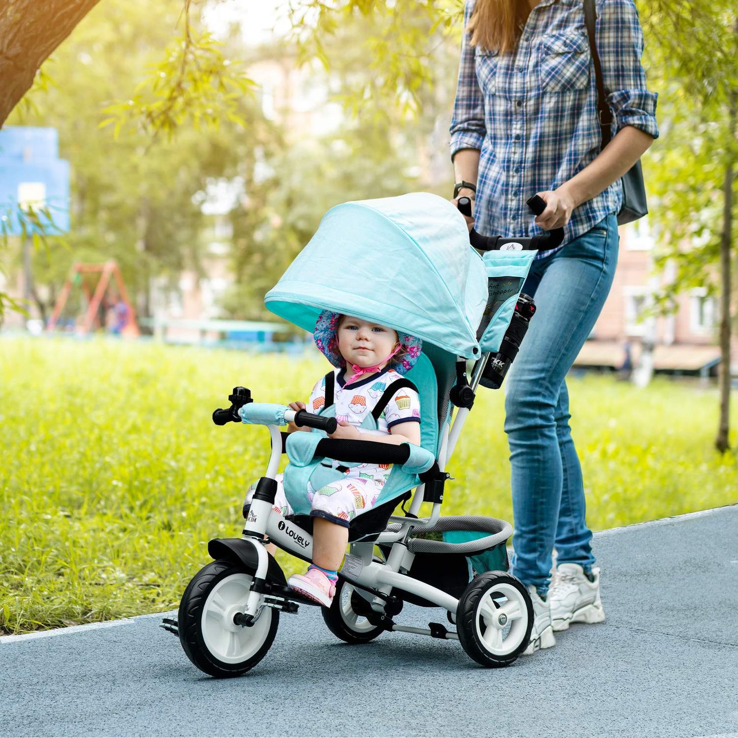 6-in-1 tricycle for children, pushbar and sunshade, green