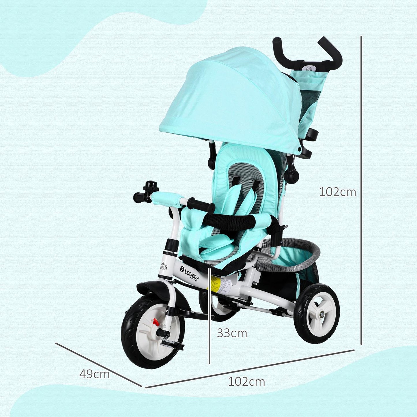 6-in-1 tricycle for children, pushbar and sunshade, green