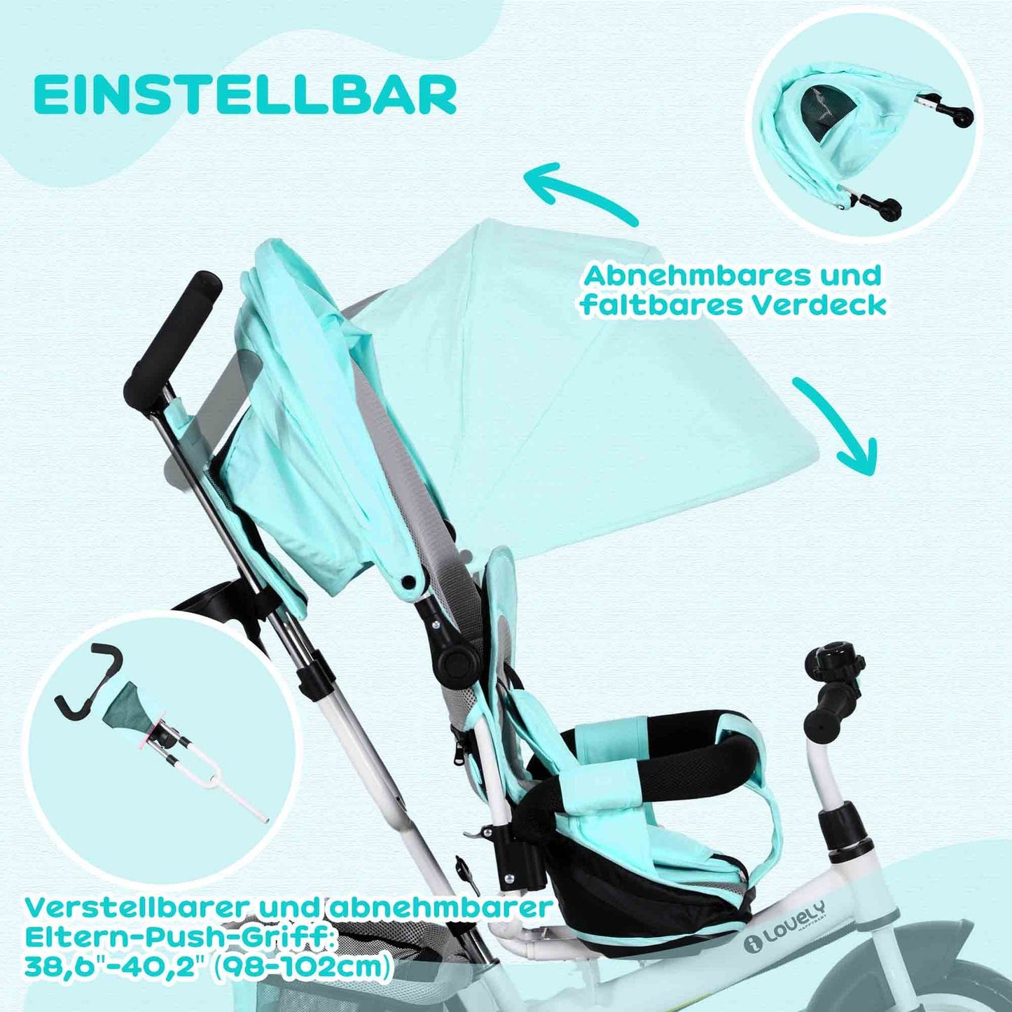 6-in-1 tricycle for children, pushbar and sunshade, green