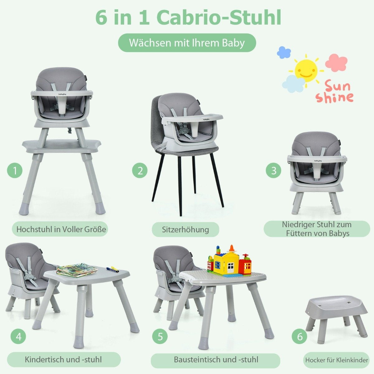 6-in-1 baby high chair high chair & dining chair & learning table & building block table & children's seating group grey