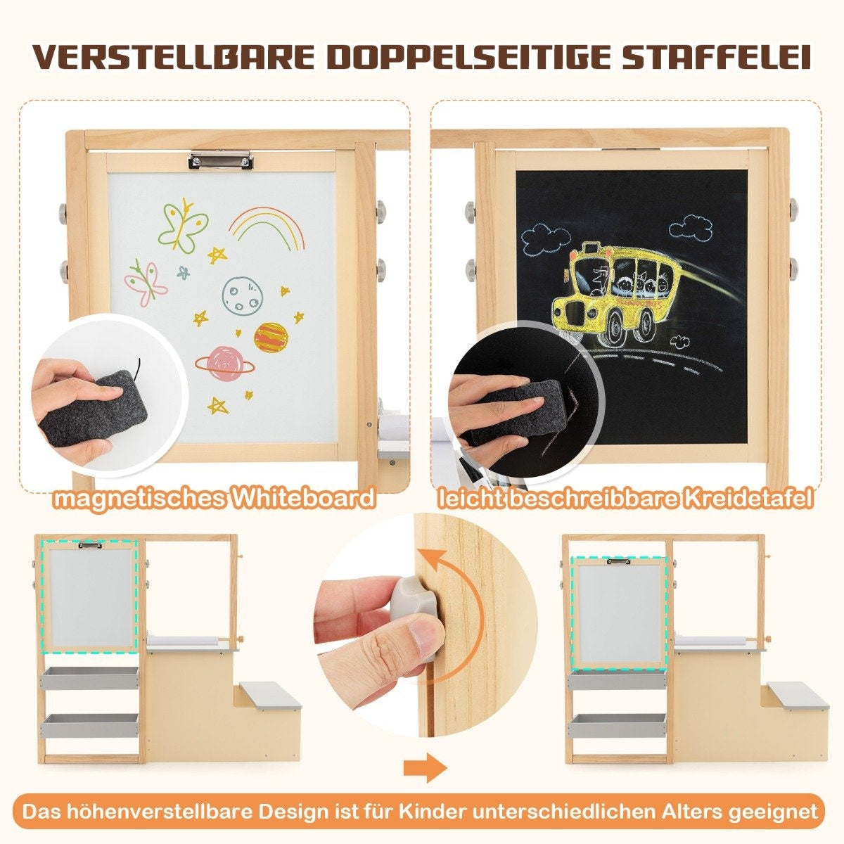 6 in 1 children's easel set with double-sided chalkboard & whiteboard & paper roll gray