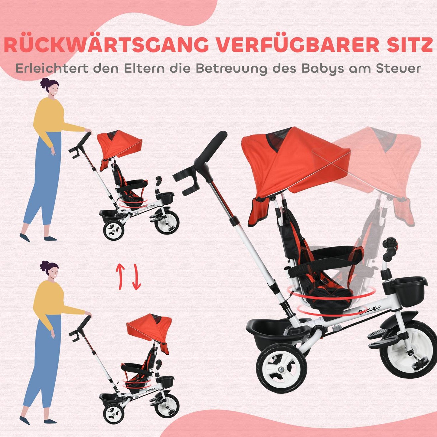 Children's Tricycle with Push Bar, Canopy, 18+ Months, Red