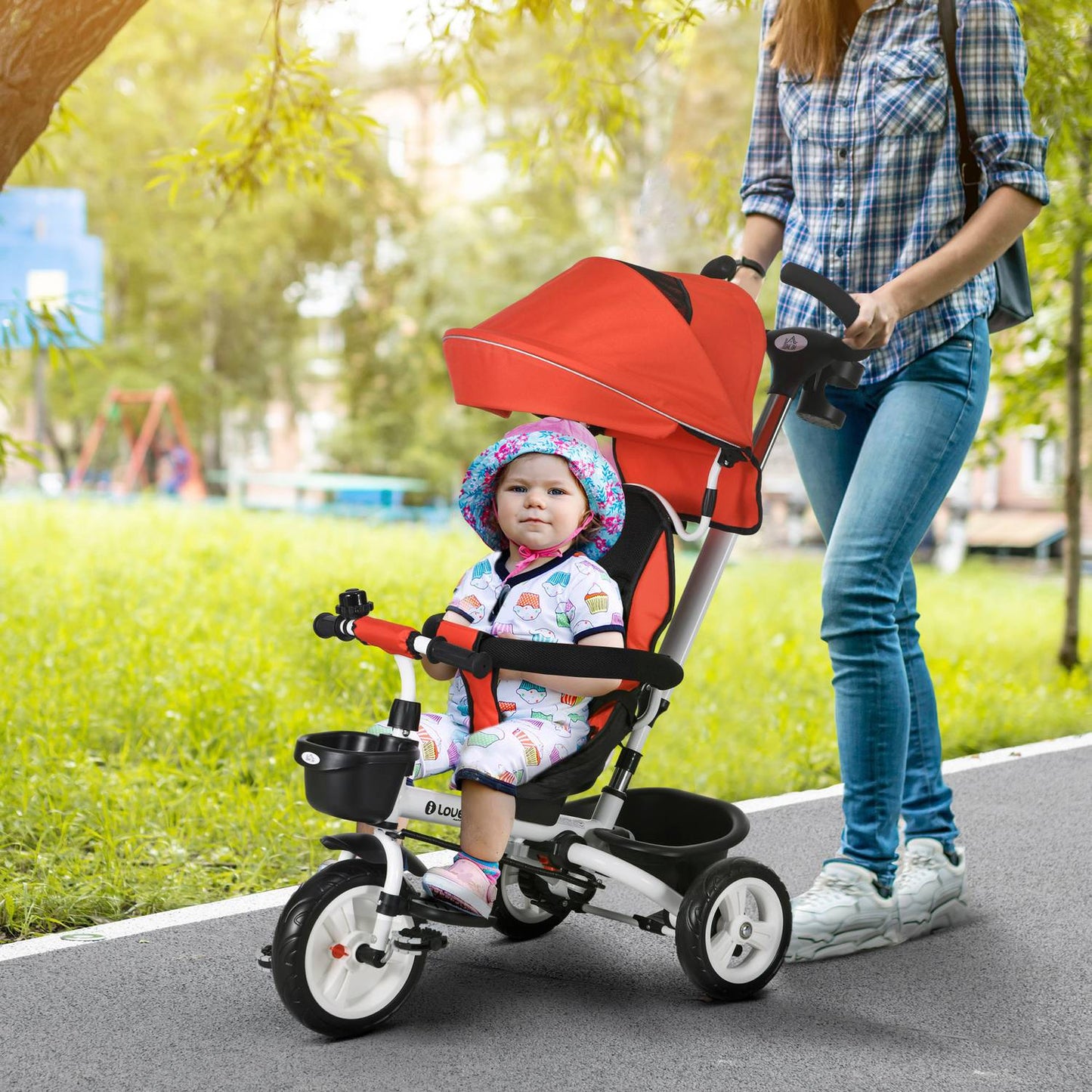 Children's Tricycle with Push Bar, Canopy, 18+ Months, Red
