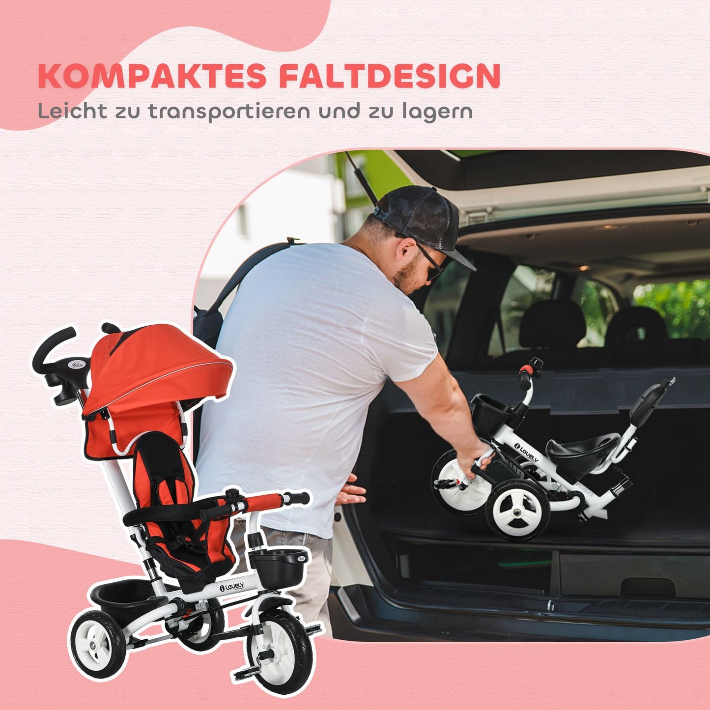 Children's Tricycle with Push Bar, Canopy, 18+ Months, Red