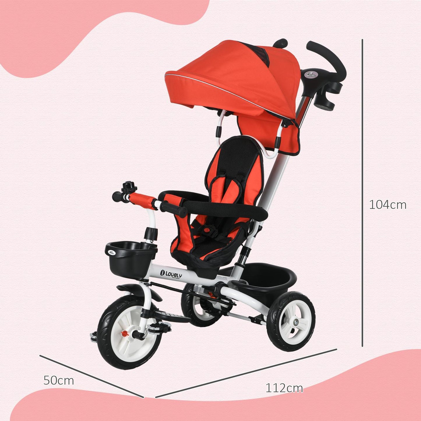Children's Tricycle with Push Bar, Canopy, 18+ Months, Red