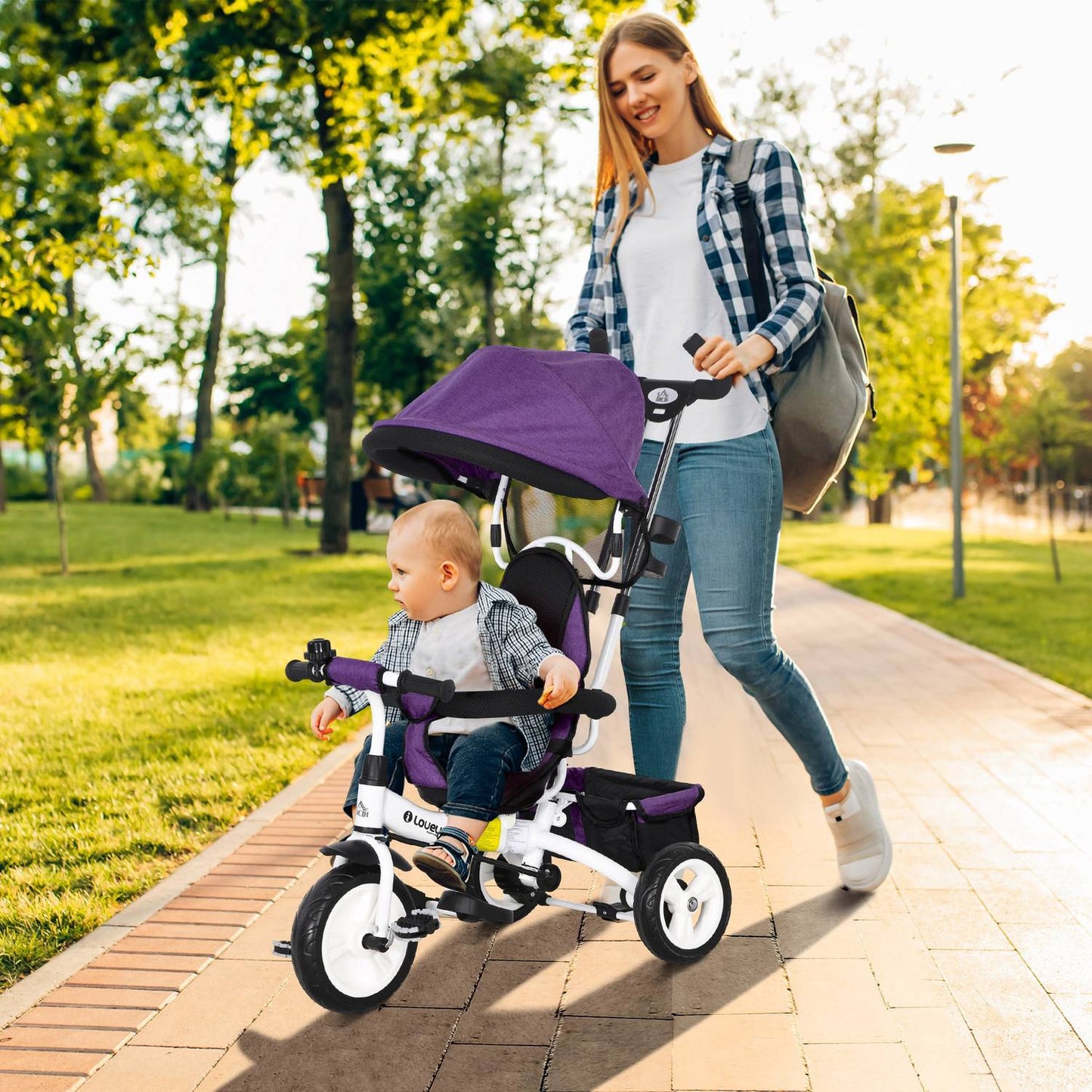 Children's Tricycle with Push Bar, Canopy, Storage Basket