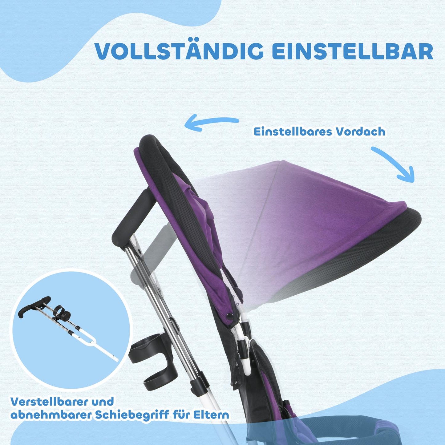 Children's Tricycle with Push Bar, Canopy, Storage Basket