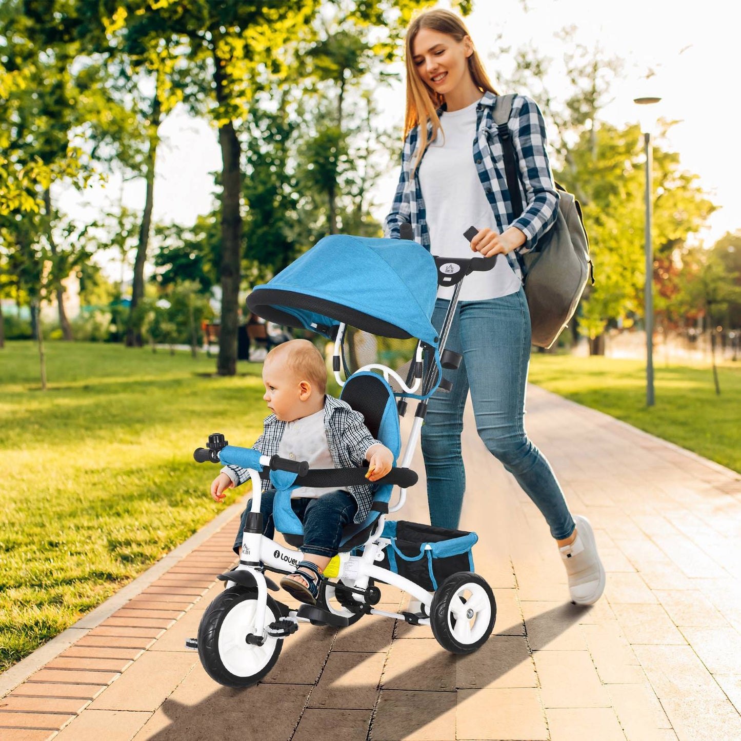 6-in-1 children's tricycle with push bar, roof, belt, storage basket, for 1-5 years, blue