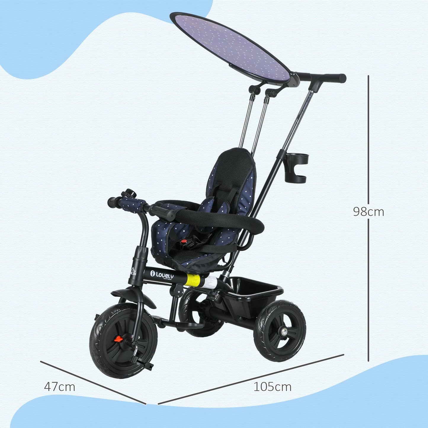 6-in-1 Kids' Tricycle with Push Bar & Canopy, Dark Blue