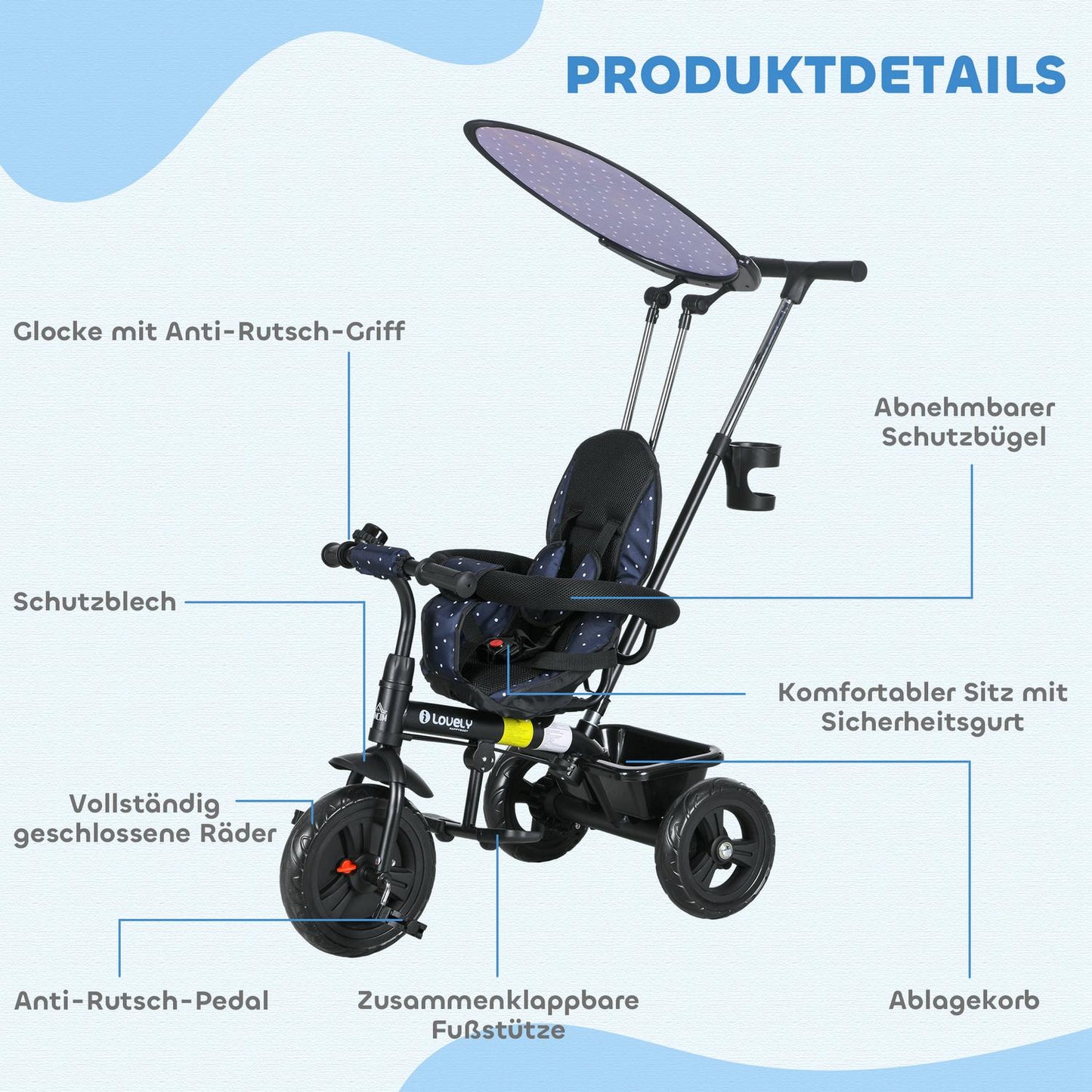 6-in-1 Kids' Tricycle with Push Bar & Canopy, Dark Blue