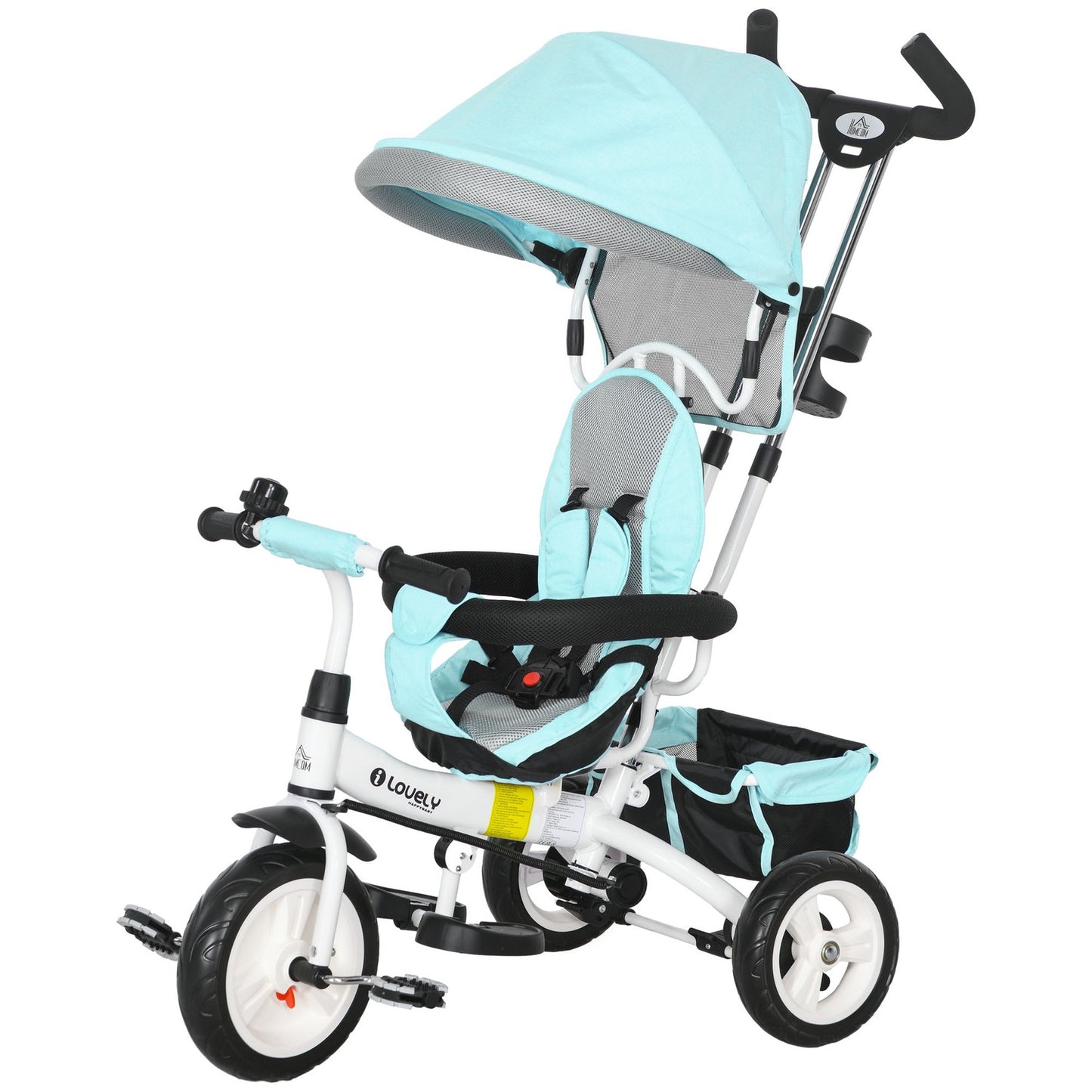 Children's Tricycle with Push Bar, Canopy, Storage – Green