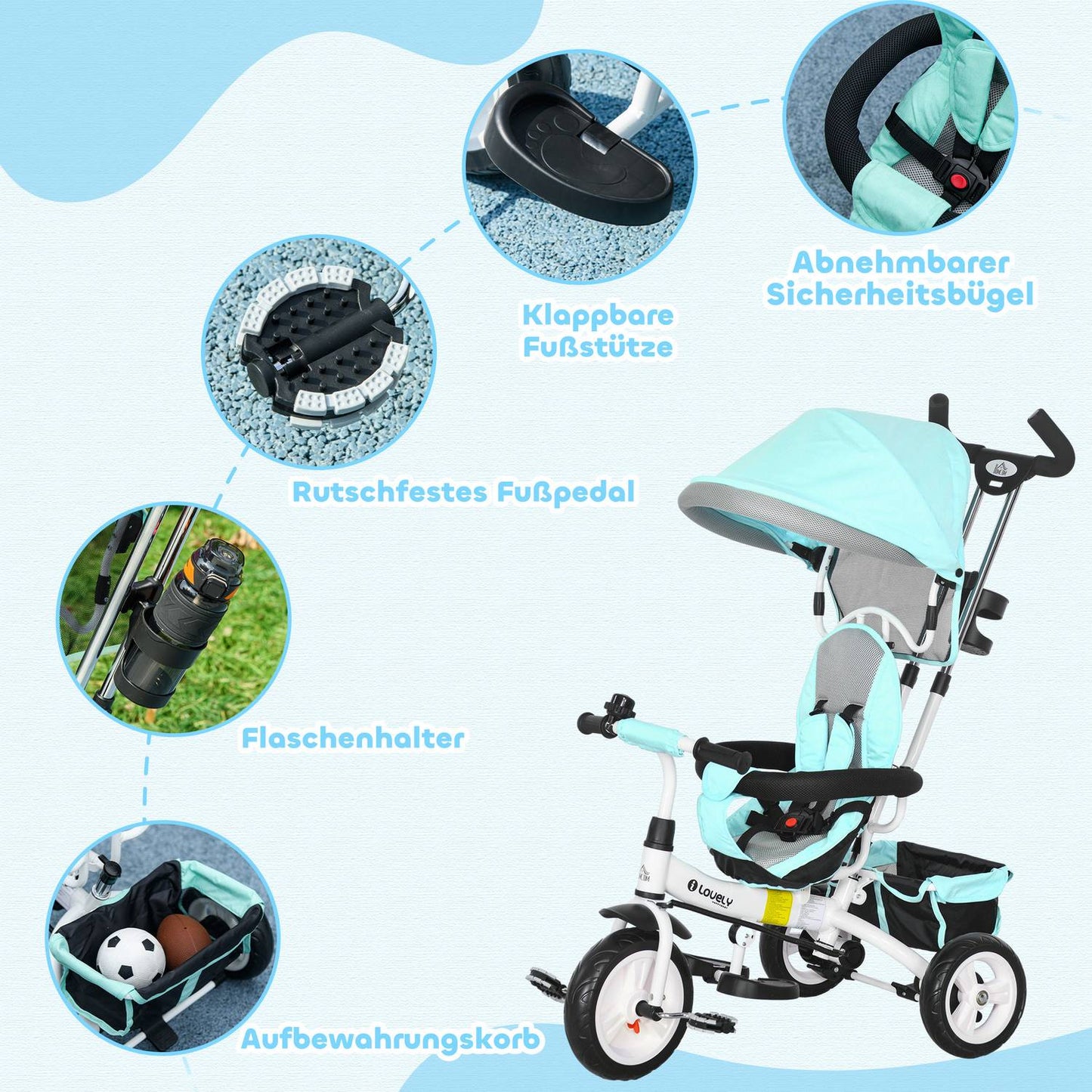 Children's Tricycle with Push Bar, Canopy, Storage – Green