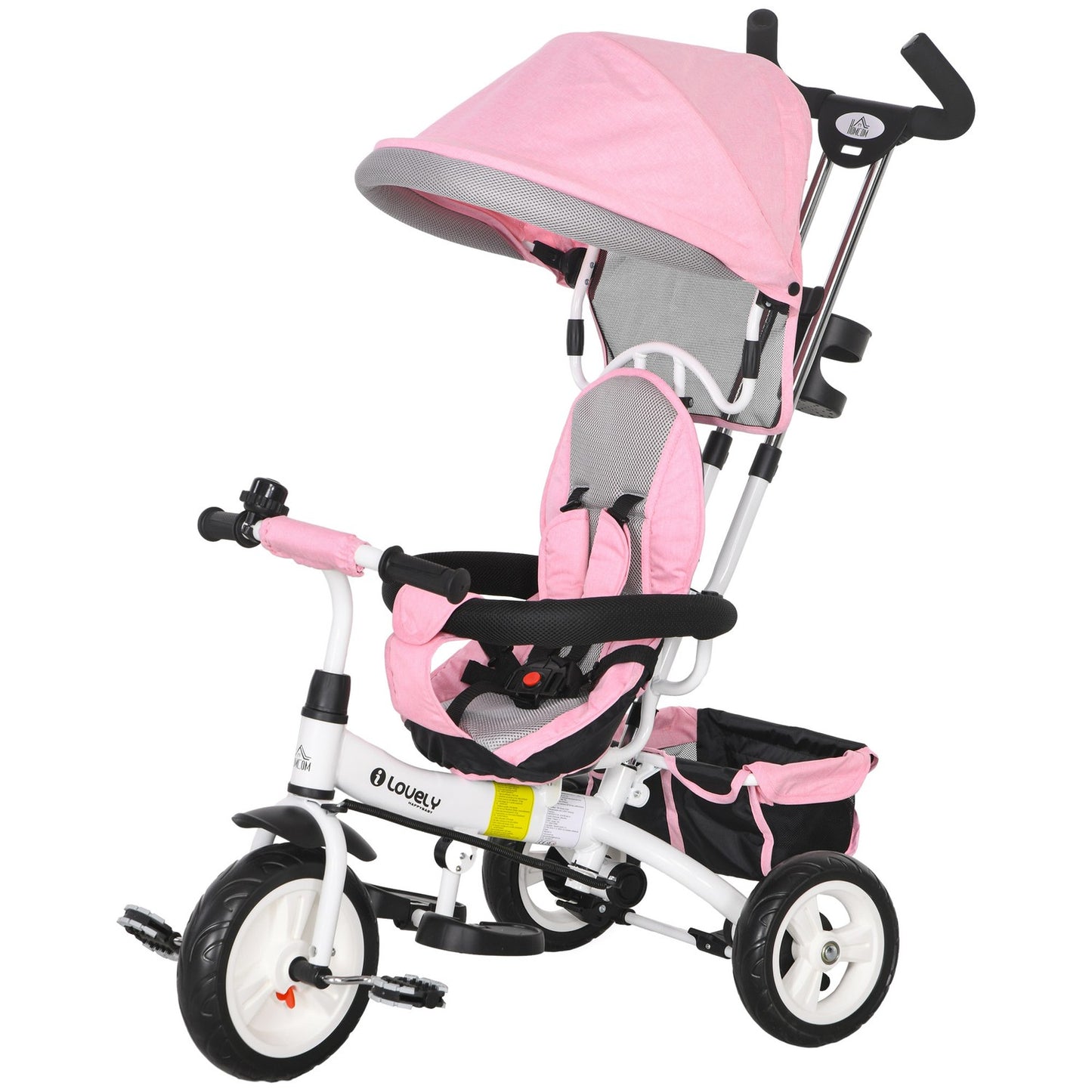 Children's Tricycle with Push Bar, Canopy, Storage, Pink