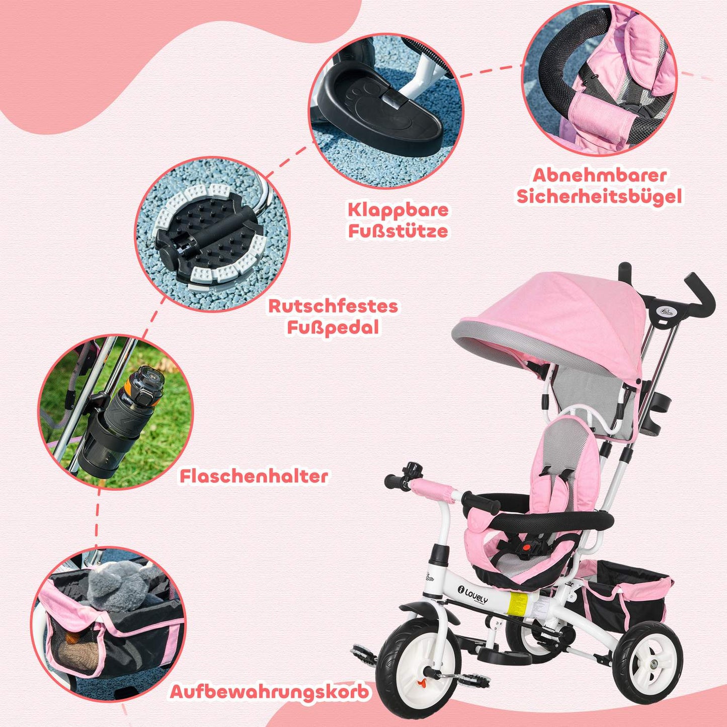Children's Tricycle with Push Bar, Canopy, Storage, Pink