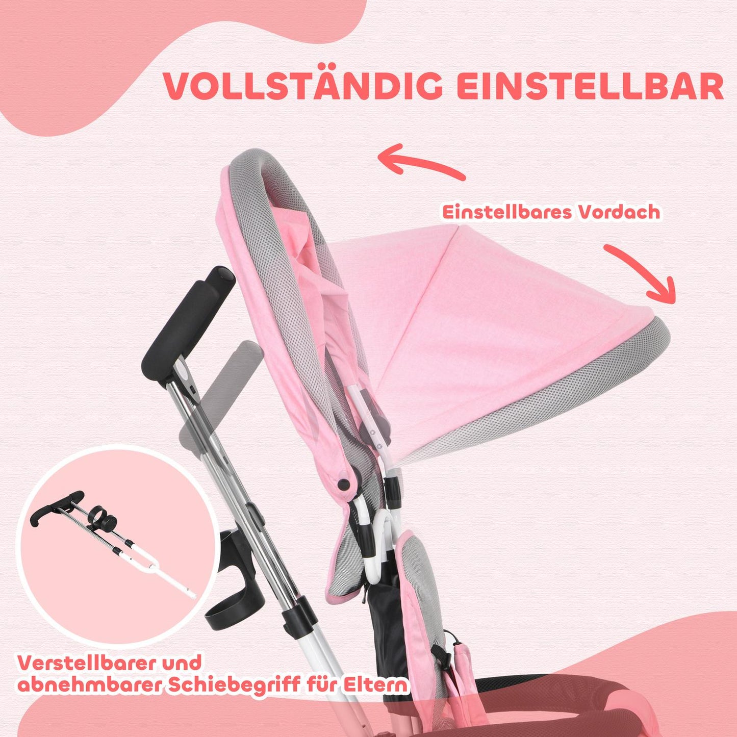 Children's Tricycle with Push Bar, Canopy, Storage, Pink