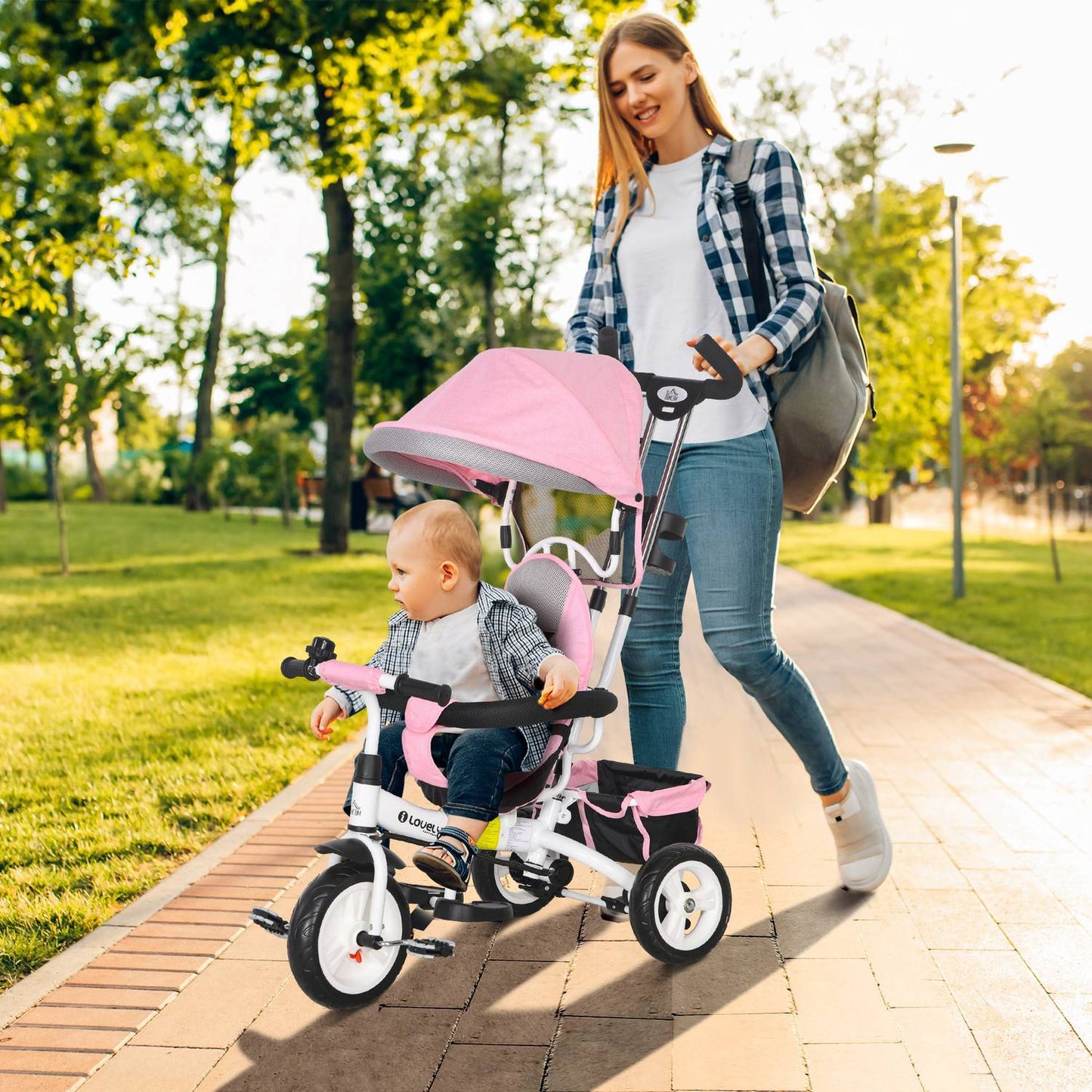 Children's Tricycle with Push Bar, Canopy, Storage, Pink