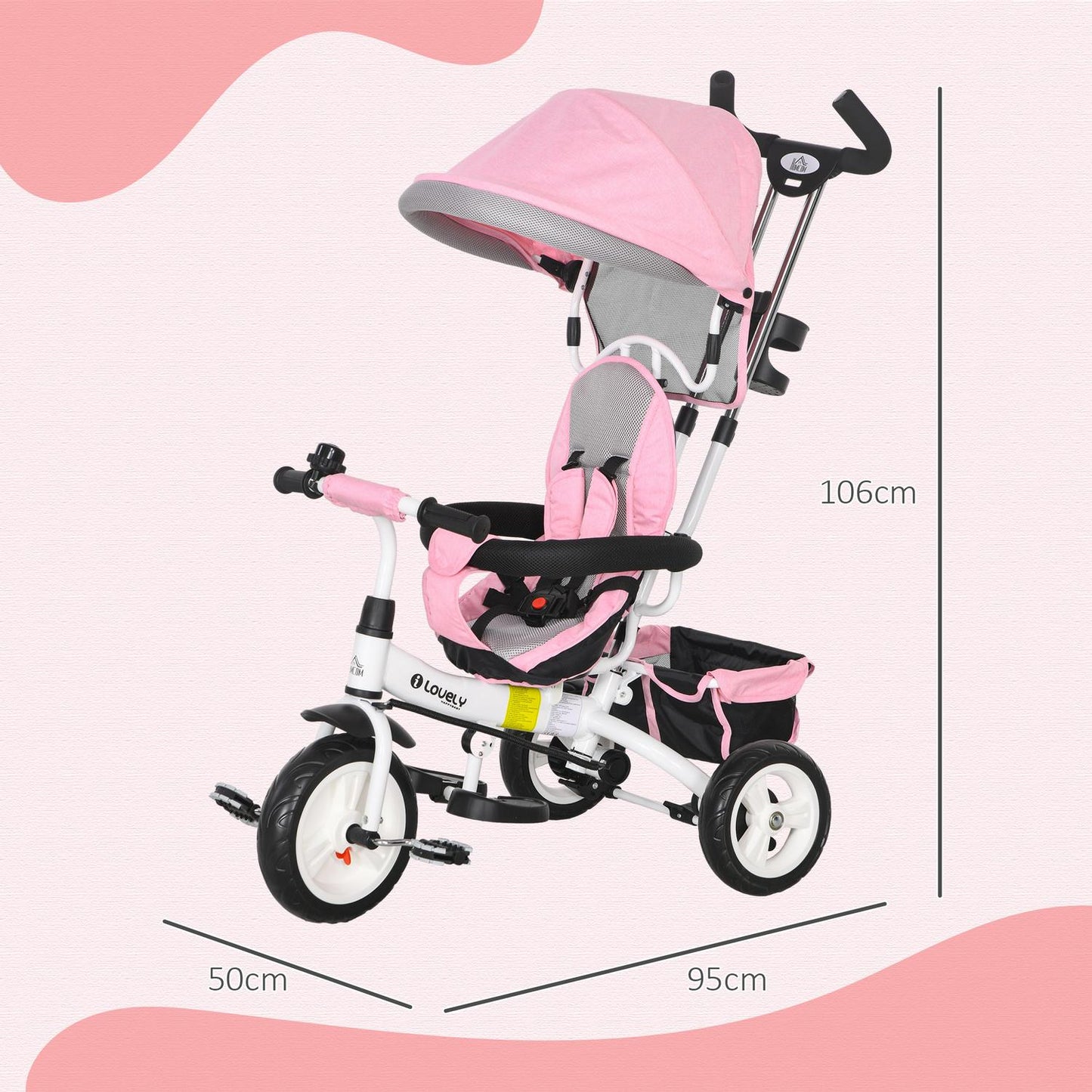 Children's Tricycle with Push Bar, Canopy, Storage, Pink