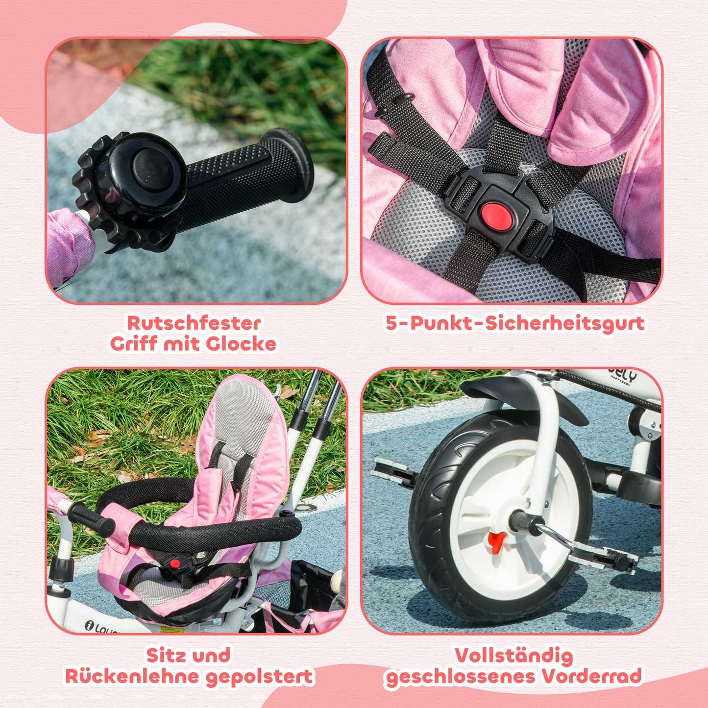 Children's Tricycle with Push Bar, Canopy, Storage, Pink