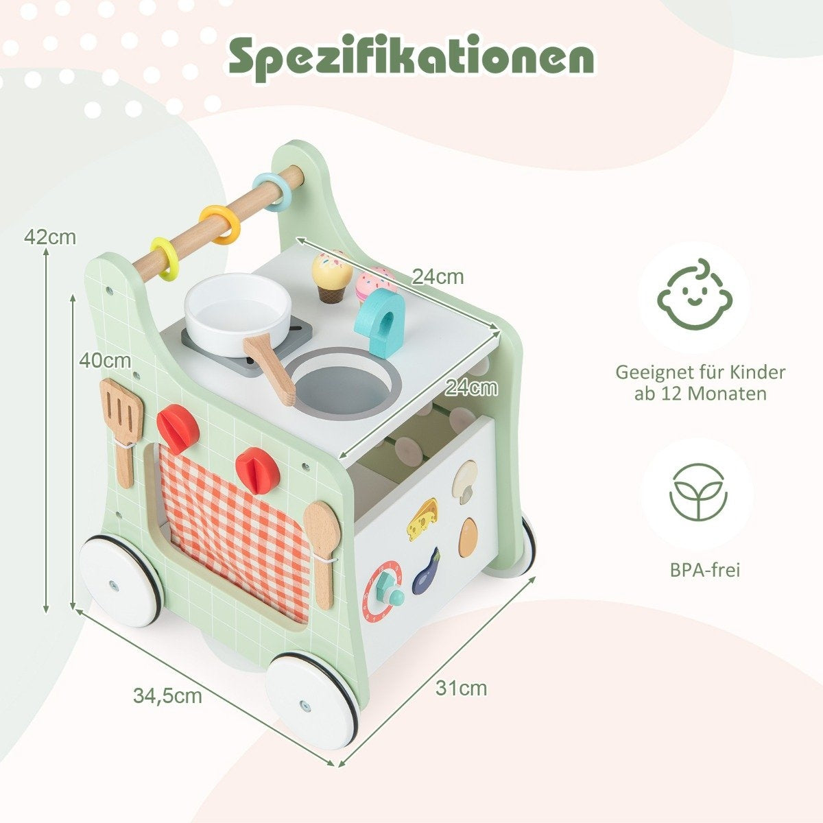 6 in 1 wooden baby walker with play kitchen & learning clock & shape adjustment & movable slider green