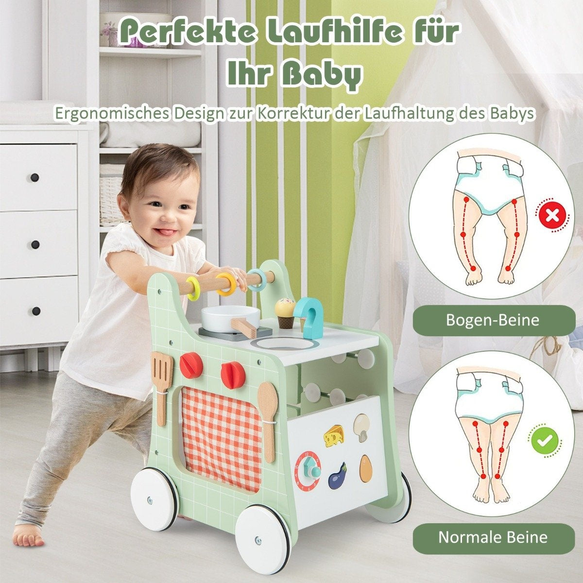 6 in 1 wooden baby walker with play kitchen & learning clock & shape adjustment & movable slider green