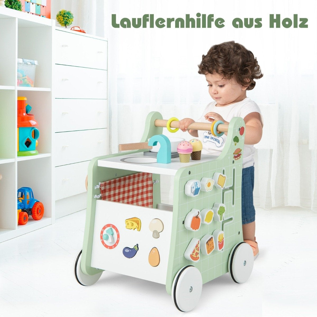 6 in 1 wooden baby walker with play kitchen & learning clock & shape adjustment & movable slider green