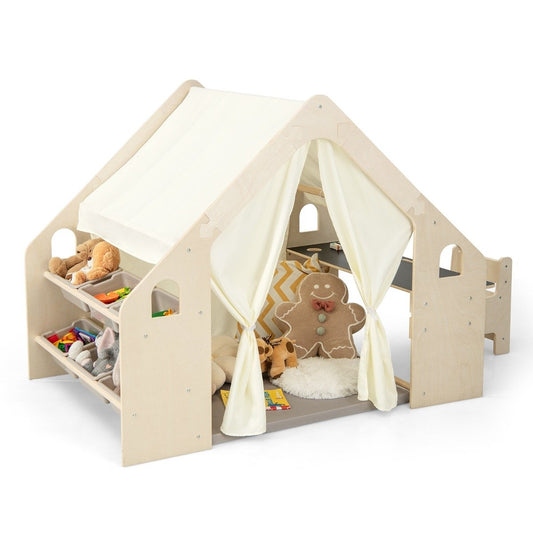 6-in-1 wooden children's tent with children's table & chair & mat & blackboard playhouse 145 x 98 x 113 cm
