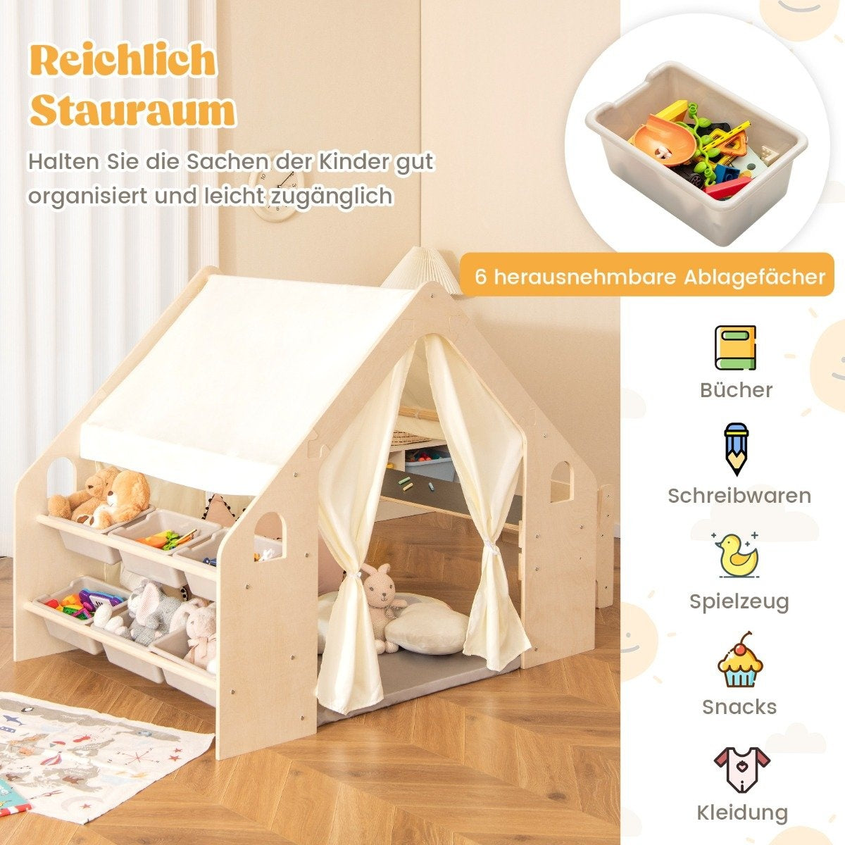 6-in-1 wooden children's tent with children's table & chair & mat & blackboard playhouse 145 x 98 x 113 cm