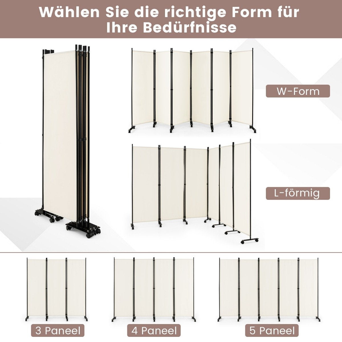 6-part foldable room divider 172 cm high privacy screen with lockable wheels beige