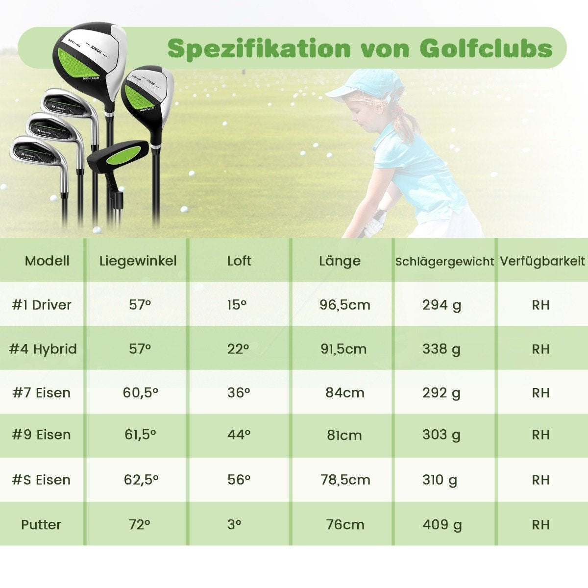 6-piece children's golf club set with golf bag and rain cover for children aged 11-13 years green