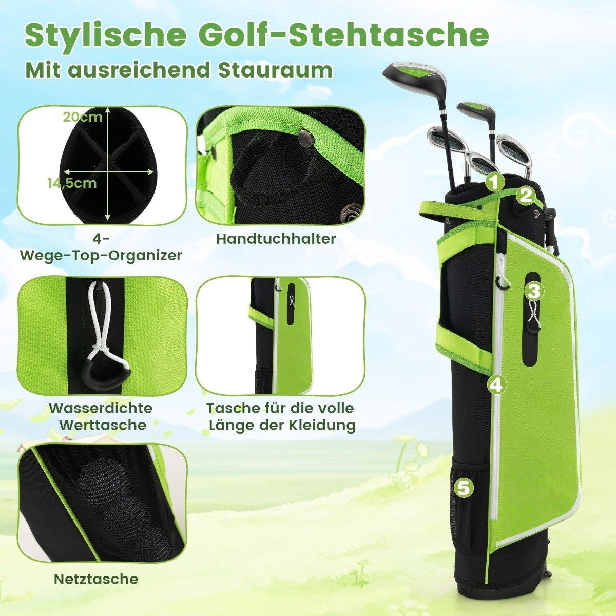 6-piece children's golf club set with golf bag and rain cover for children aged 11-13 years green