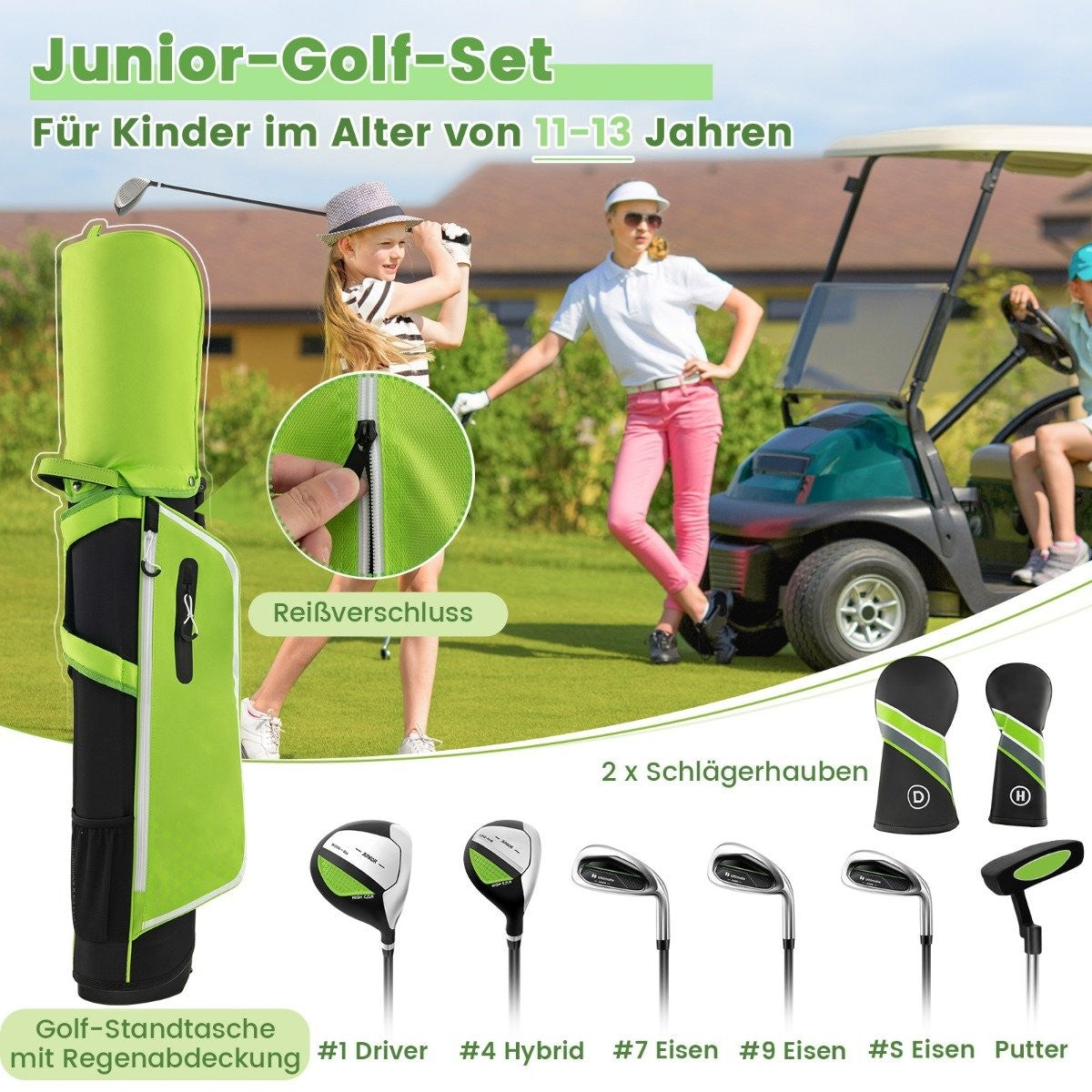 6-piece children's golf club set with golf bag and rain cover for children aged 11-13 years green