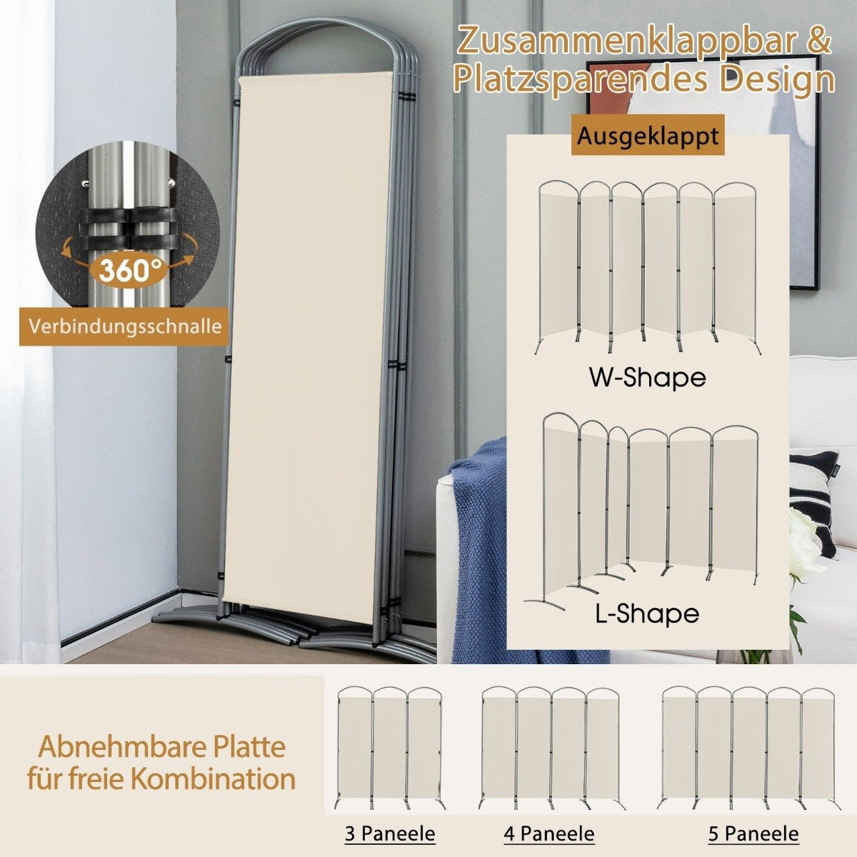 6-piece foldable privacy screen room divider fabric partition 331 x 51 x 188 cm beige