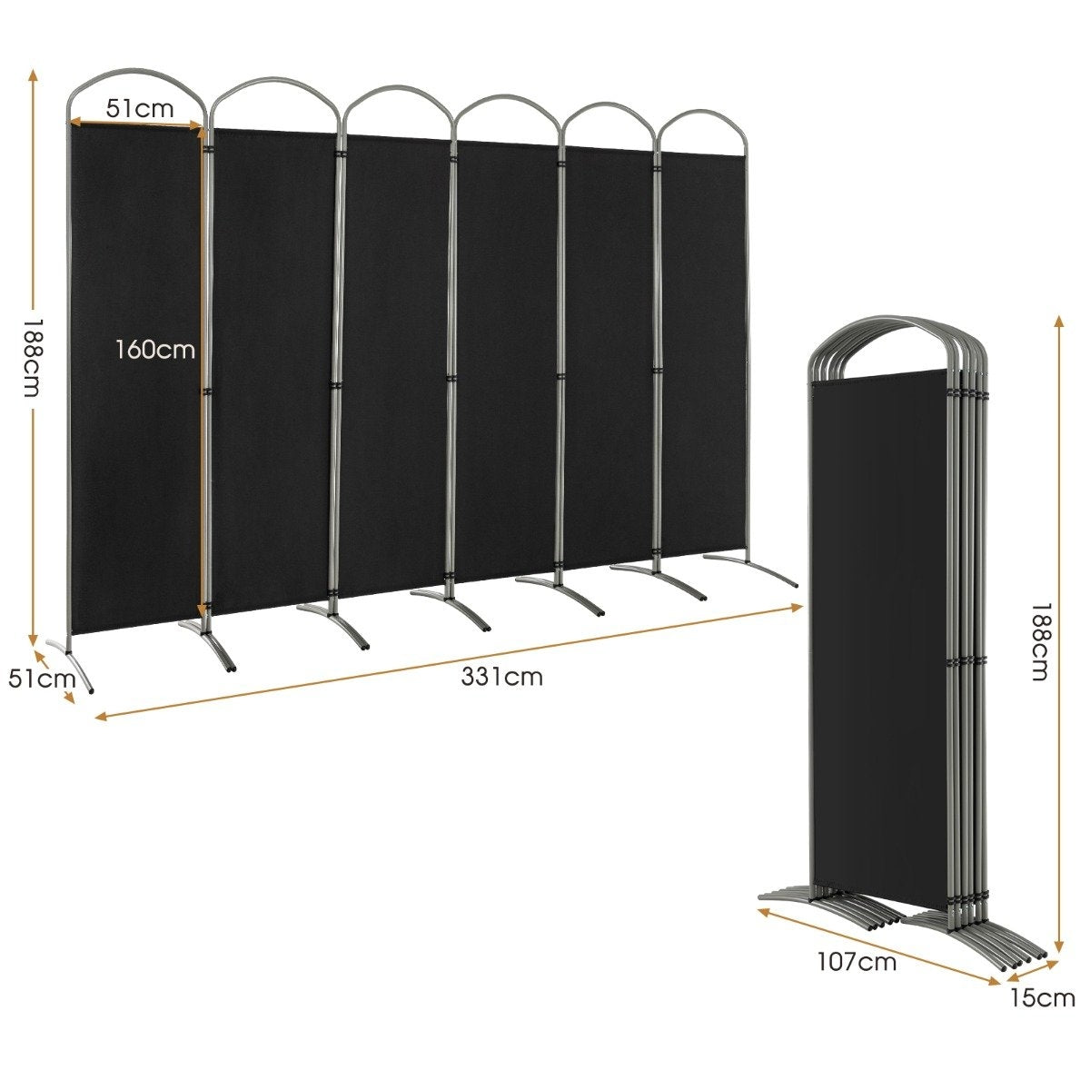 6-piece foldable privacy screen room divider fabric partition 331 x 51 x 188 cm black