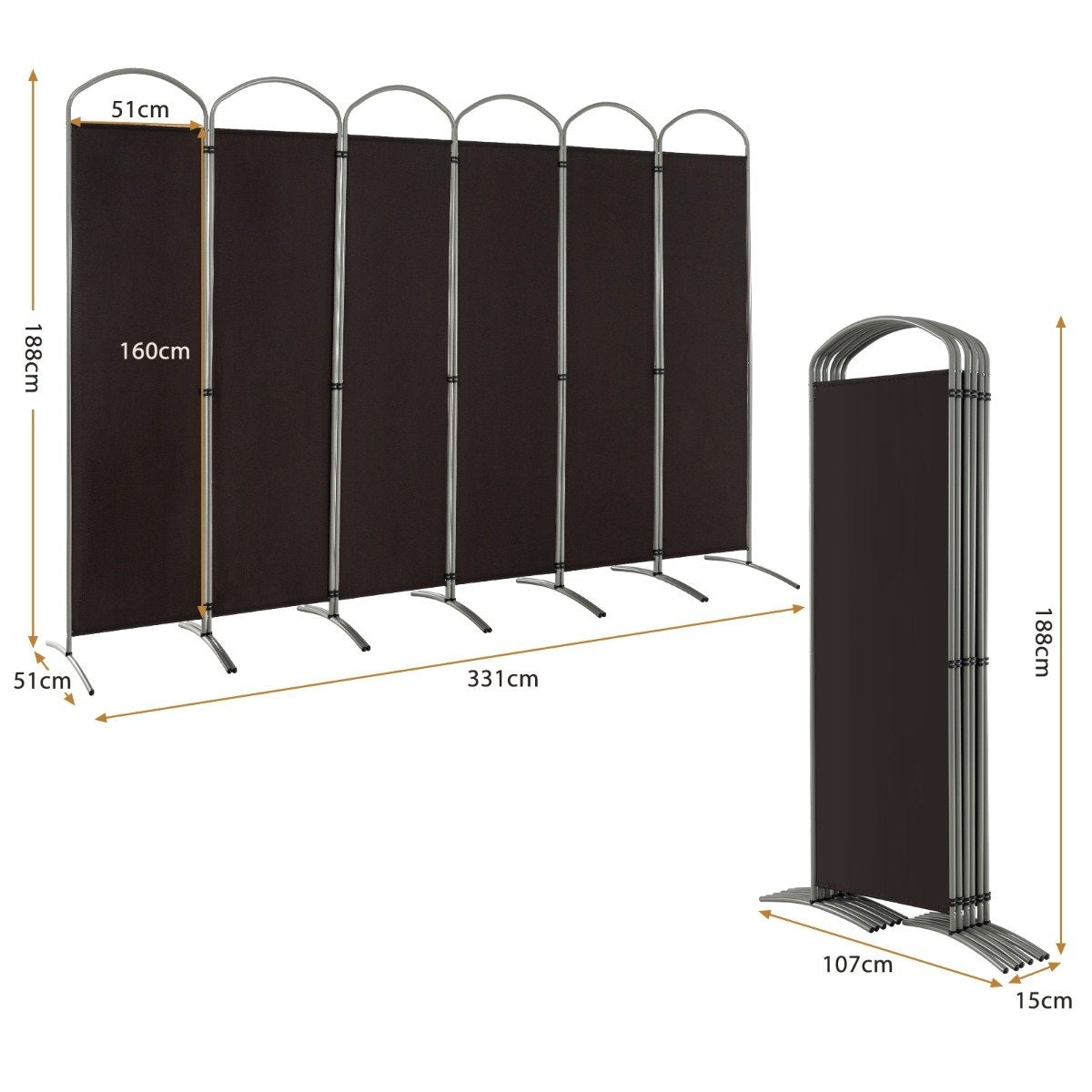 6-piece foldable privacy screen room divider fabric partition 331 x 51 x 188 cm brown